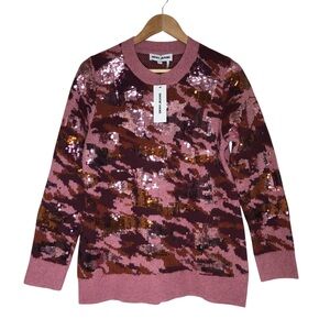 DKNY Wool Blend Knit Sequin Sparkle Pink Camo Crewneck Rib-knit trim Sweater S